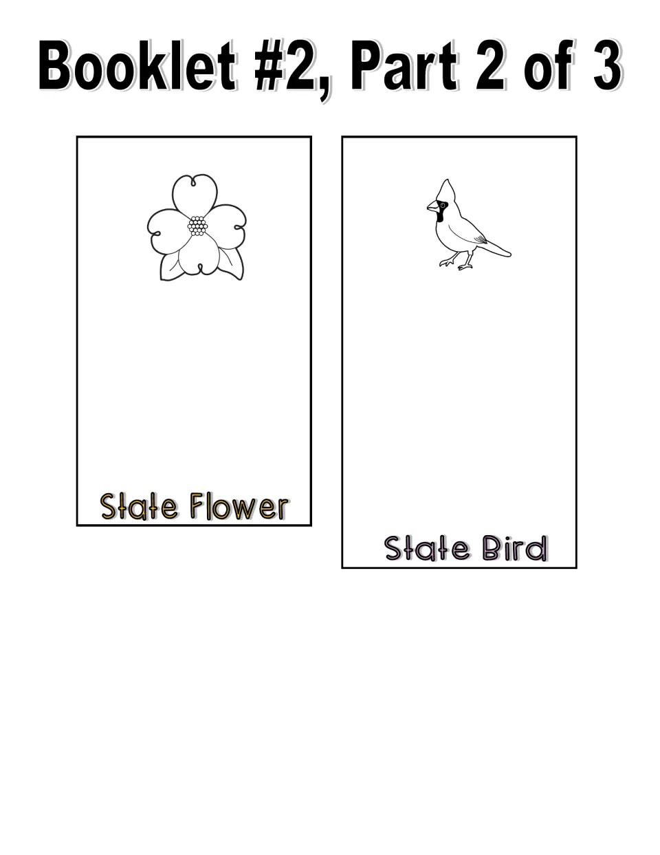 Black-and-white booklet cut-out pieces, part 2 of 3: State Flower dogwood and State Bird cardinal as line drawings
