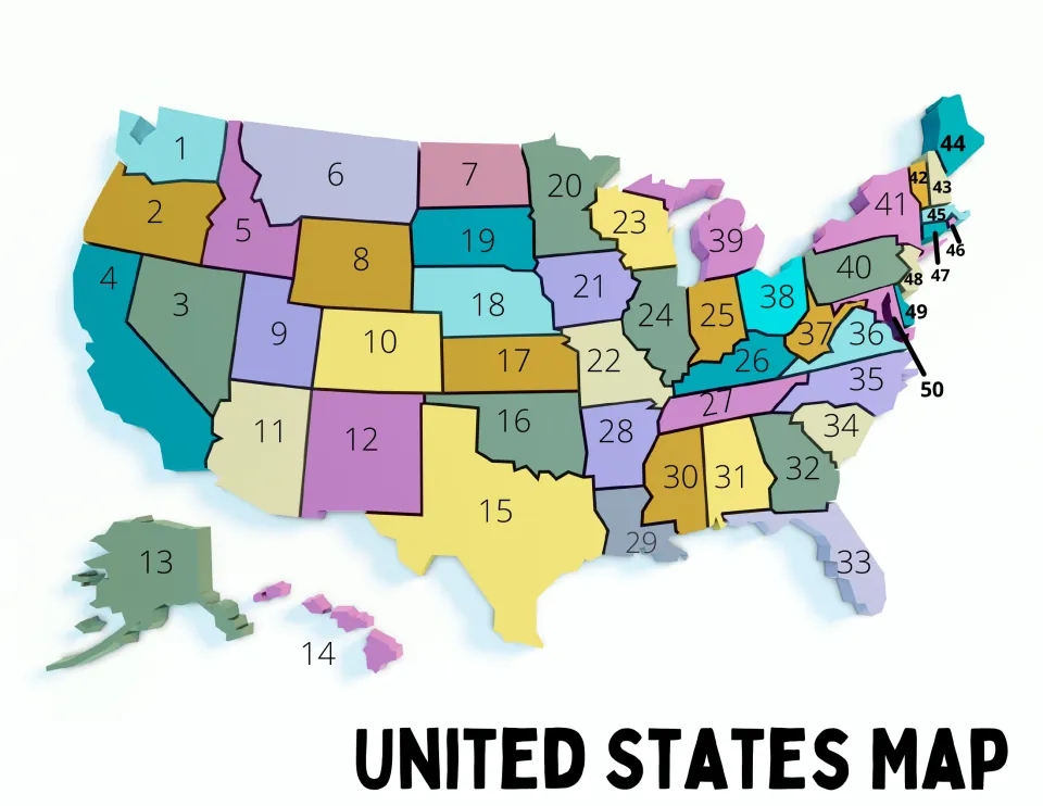 State identification: a color-coded map of the United States with every state numbered 1 to 50 for students to name