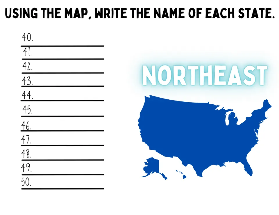 Northeast states map labeling: students use the numbered map to write state names for numbers 40 through 50