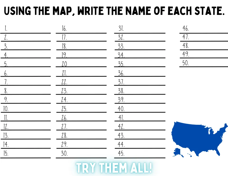 All 50 states challenge: students use the numbered map to write each state's name on blanks 1 to 50, "Try them all!"