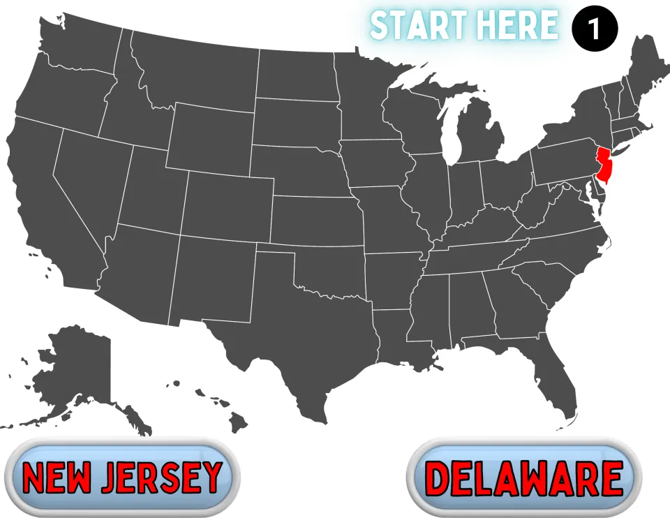 Game question 1, Start Here: New Jersey is highlighted in red and students choose New Jersey or Delaware as the answer