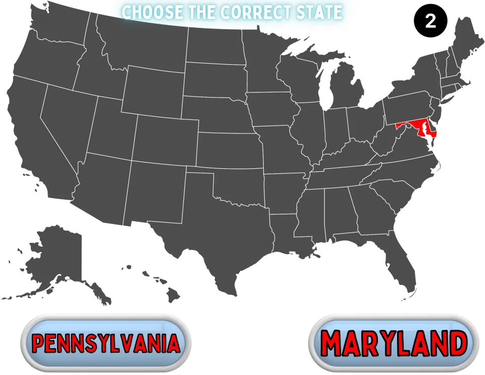 Game question 2, Choose the correct state: Maryland is highlighted and students pick Pennsylvania or Maryland