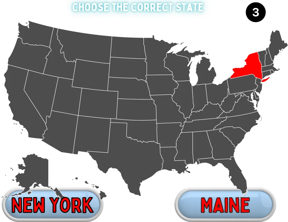 Game question 3: New York is highlighted in red on the U.S. map and students decide between New York and Maine
