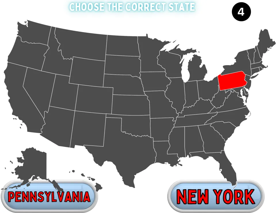 Game question 4: Pennsylvania is highlighted in red and students choose its name from Pennsylvania or New York