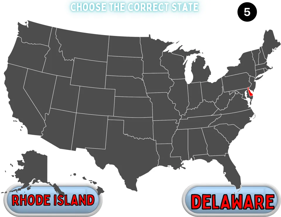 Game question 5: tiny Delaware is highlighted in red on the map and students choose Rhode Island or Delaware