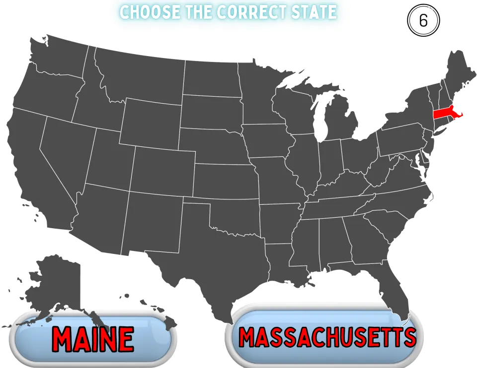 Game question 6: Massachusetts is highlighted in red in New England and students pick Maine or Massachusetts