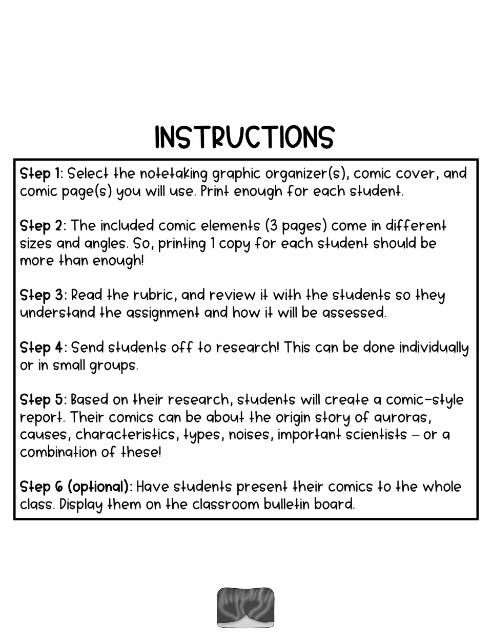 Six instructions for the auroras comic report, from selecting pages and researching to optional presentations