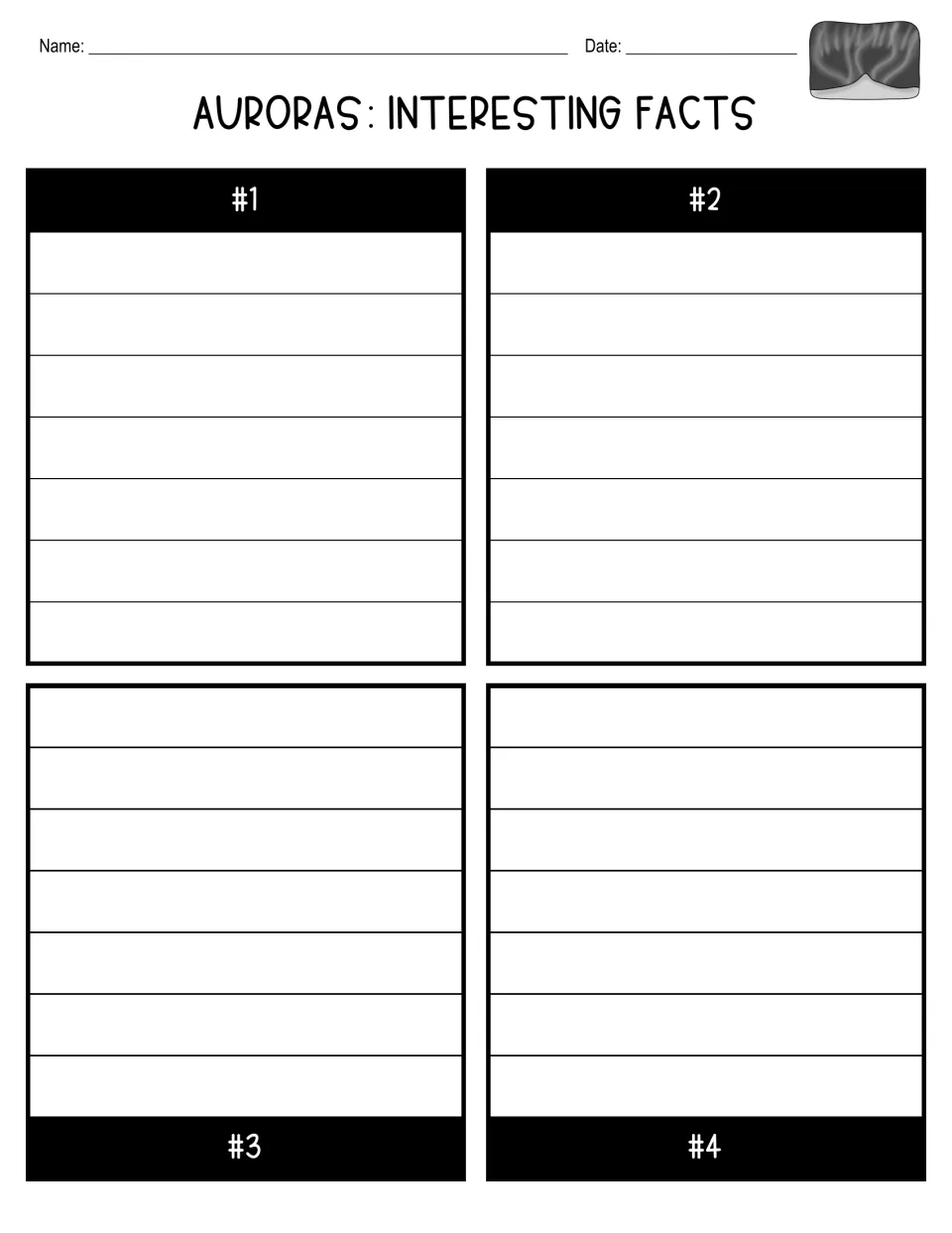 Auroras Interesting Facts research organizer provides four numbered spaces for facts gathered for the report
