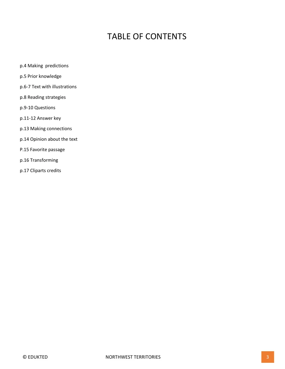 Workbook contents list predictions, prior knowledge, reading, questions, answer keys, and response activities