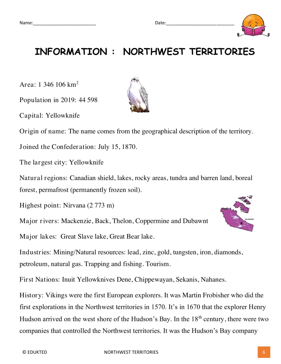 First reading page covers territorial area, 2019 population, Yellowknife, natural regions, industries, and history