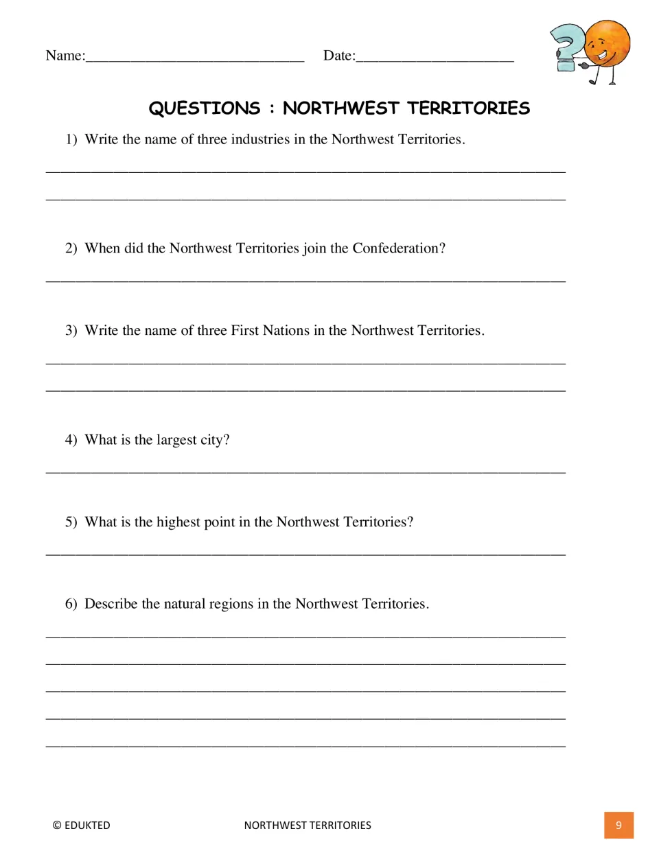 Comprehension questions 1–6 ask about industries, Confederation, First Nations, largest city, terrain, and highest point