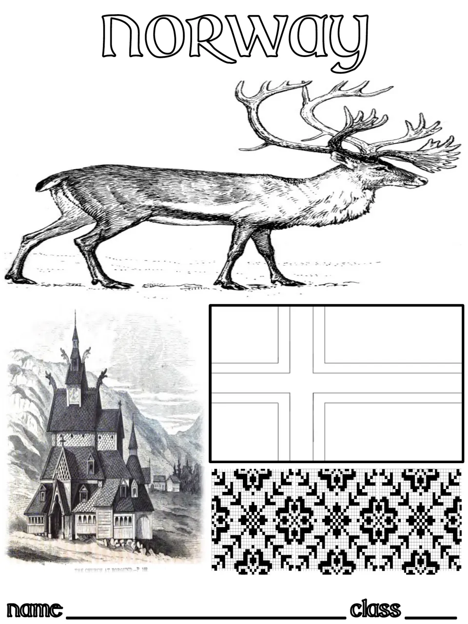 Norway student cover showing a reindeer, a stave church, a flag outline to color and a Selbu pattern, with name line