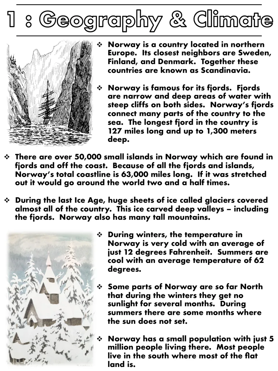 Geography and climate reading on Norway's fjords, 50,000 islands, Ice Age glaciers, cold winters and midnight sun