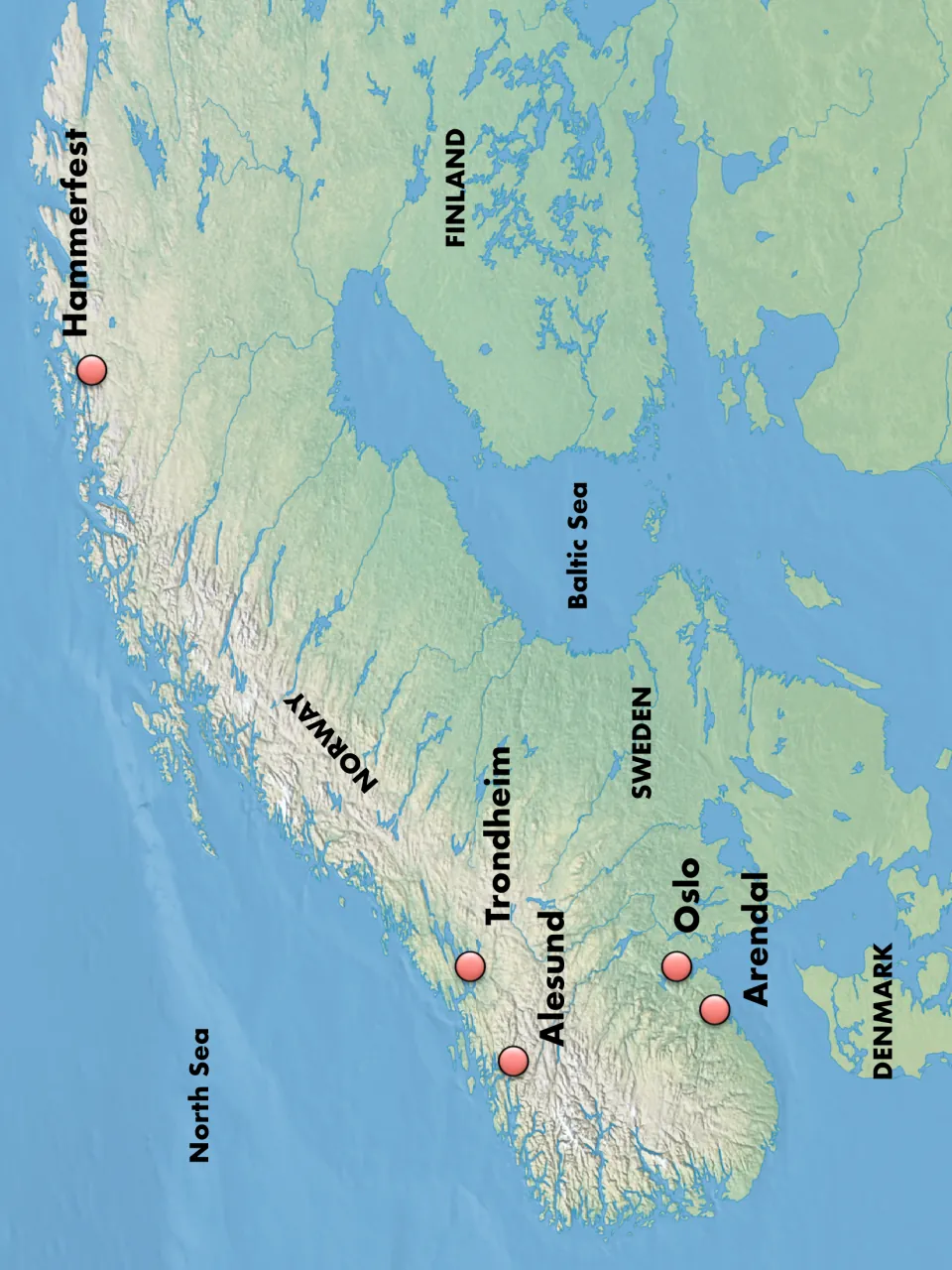 Map of Norway marking Hammerfest, Trondheim, Alesund, Oslo and Arendal beside Sweden, Finland, Denmark and the seas