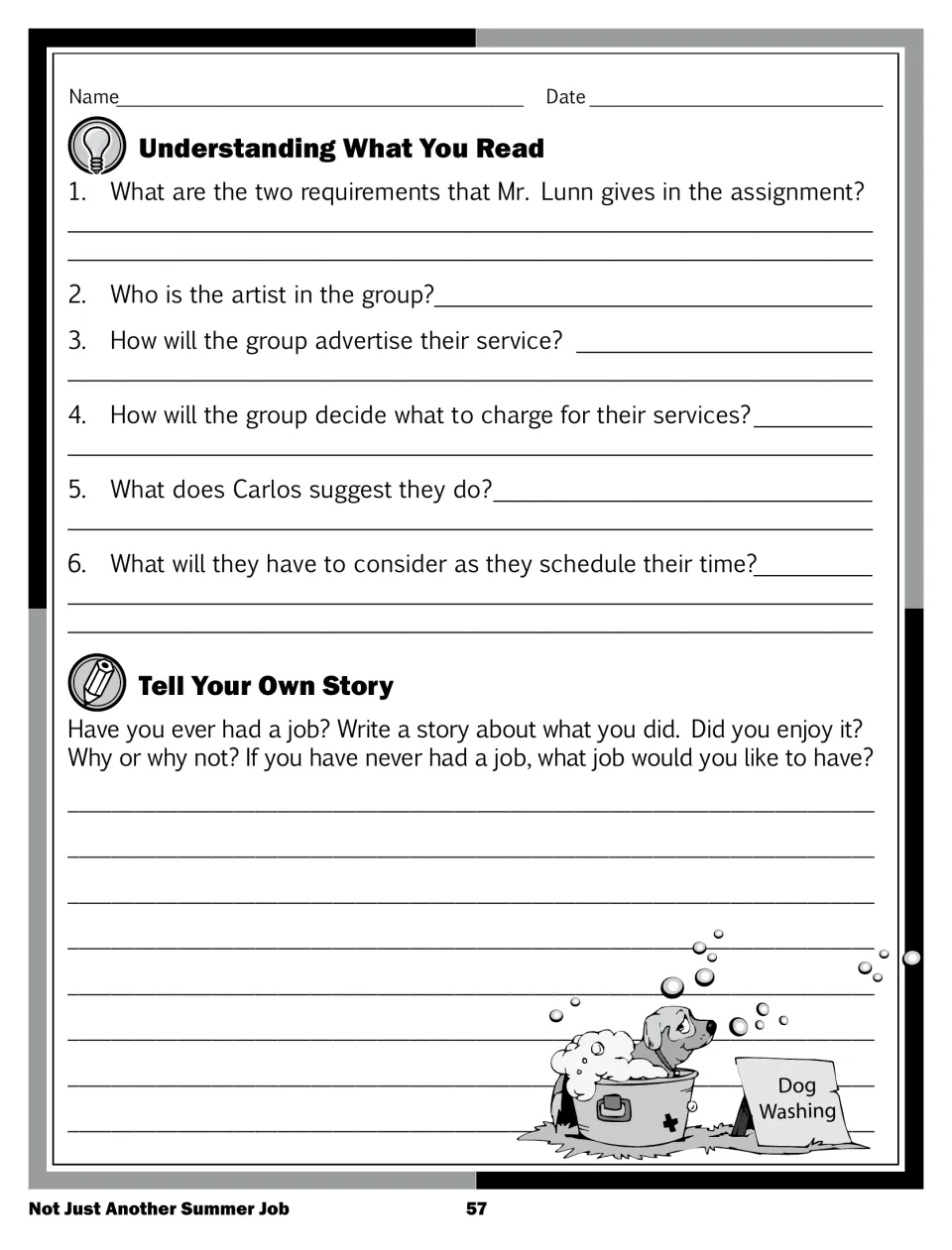 Understanding What You Read: 6 questions such as 'Who is the artist in the group?', plus a job-story writing prompt