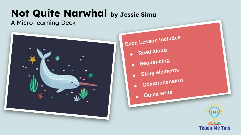 Book study overview lists read-aloud, sequencing, story elements, comprehension, and quick-write tasks