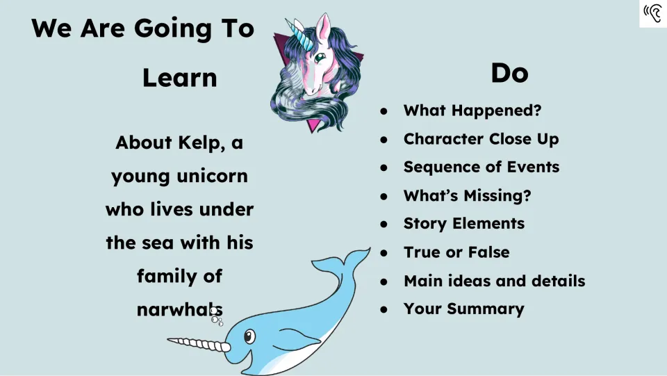 Lesson goals introduce Kelp, a unicorn living with narwhals, and list eight upcoming book study tasks