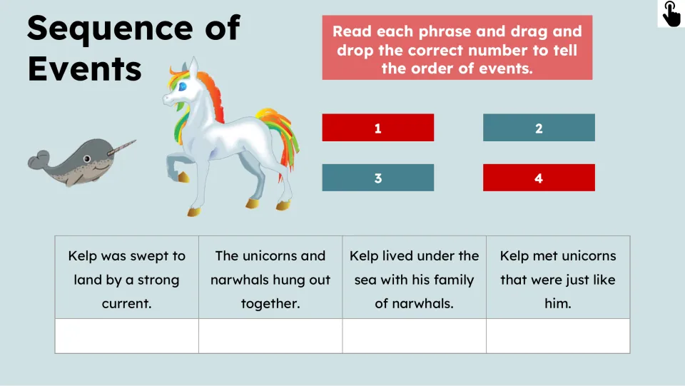 Sequencing activity asks students to order four events about Kelp's sea life, trip to land, and unicorns