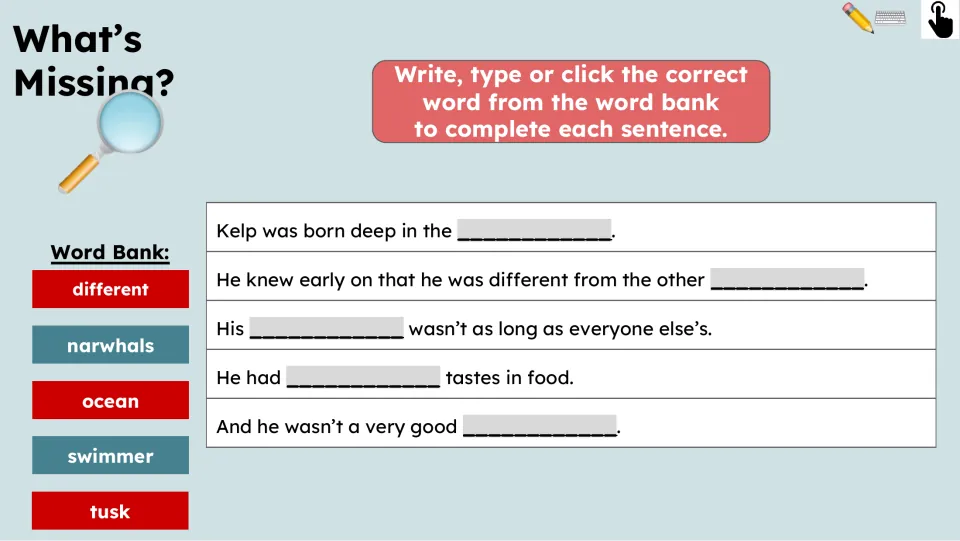 Missing-word activity uses different, narwhals, ocean, swimmer, and tusk to complete five sentences about Kelp