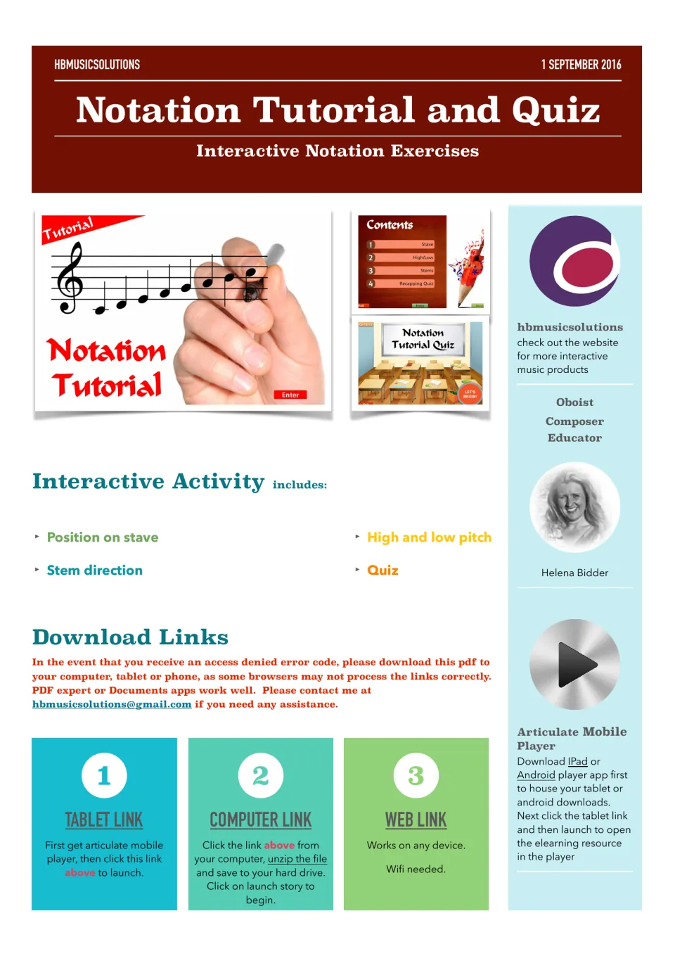 Notation Tutorial and Quiz cover: interactive lessons on stave position, stem direction, high and low pitch, and a quiz