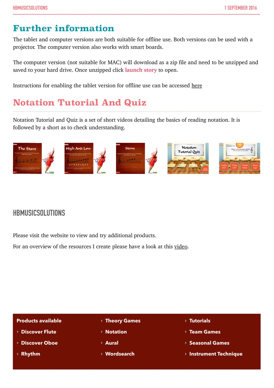 Setup notes for offline, projector and smart board use, with screenshots of stave, high and low, stems and quiz screens