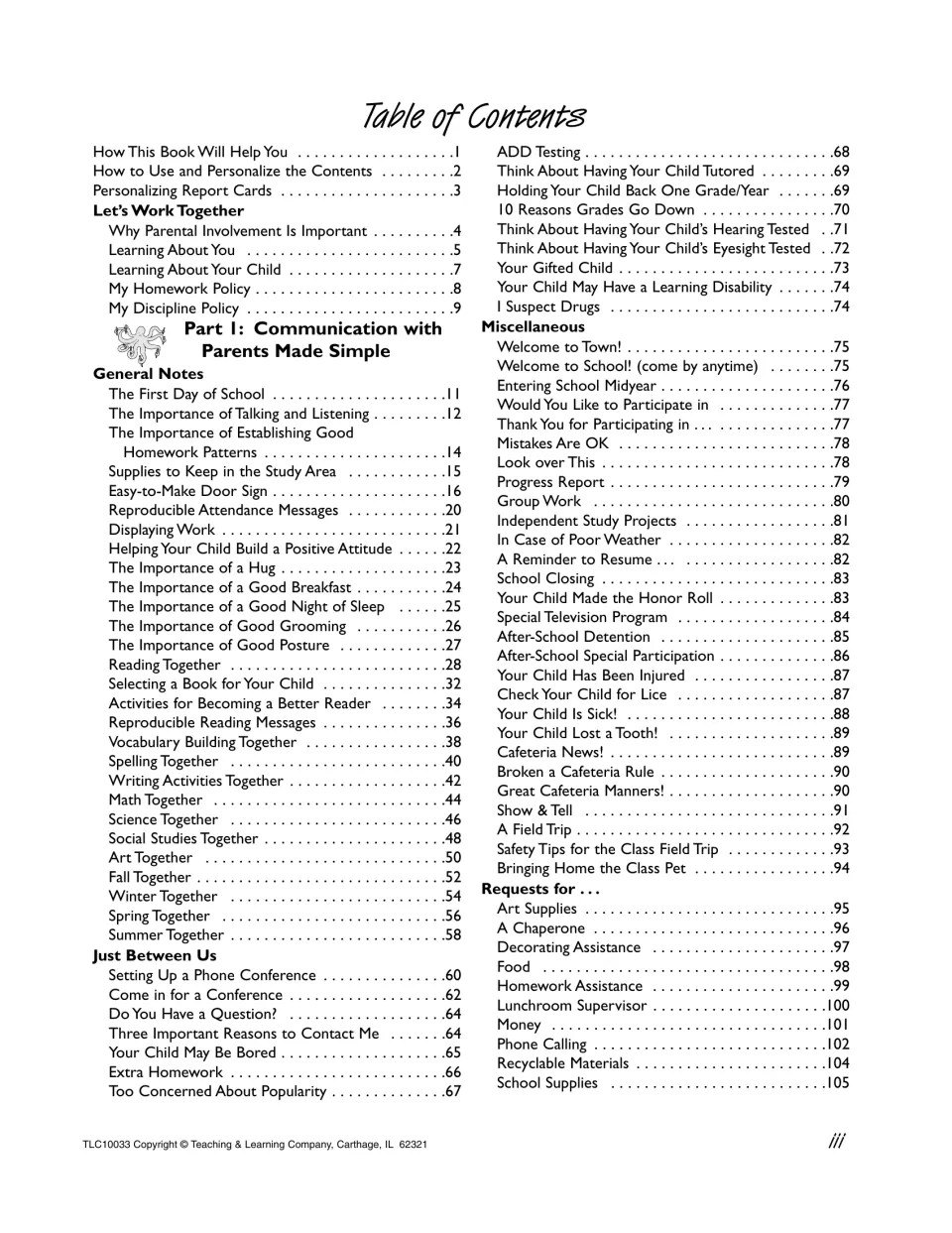 Table of contents, Part 1: parent notes on homework, reading together, conferences, field trips and supply requests