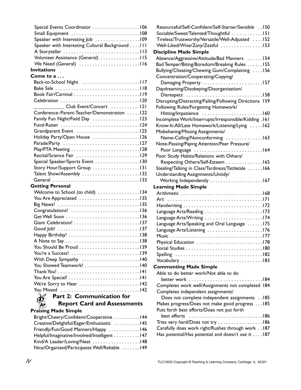 Contents continued: invitations, personal notes, then Part 2 report card praise, discipline, subject and comment phrases