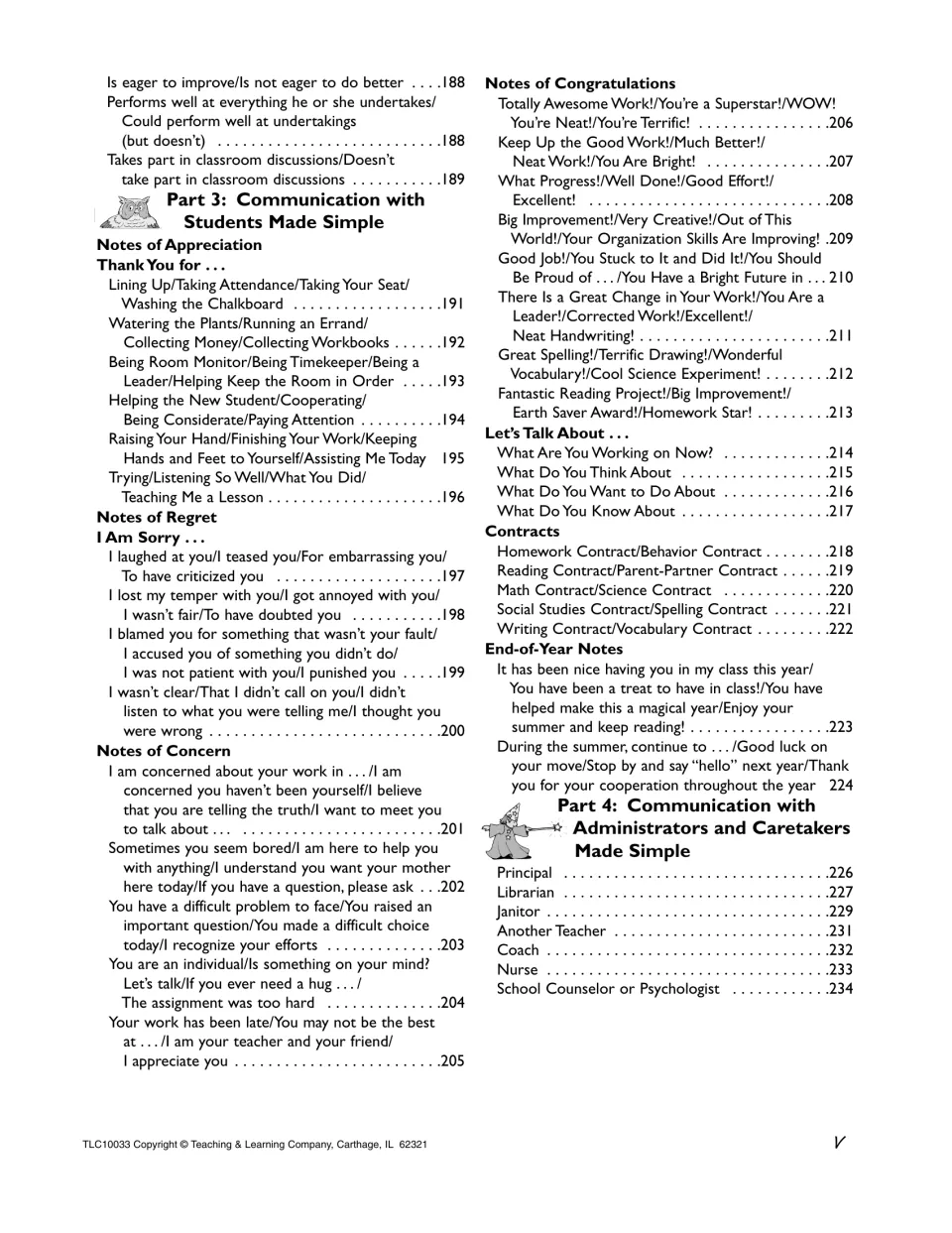 Contents, Parts 3-4: student notes of thanks, regret, concern and contracts; notes to principal, nurse and coach