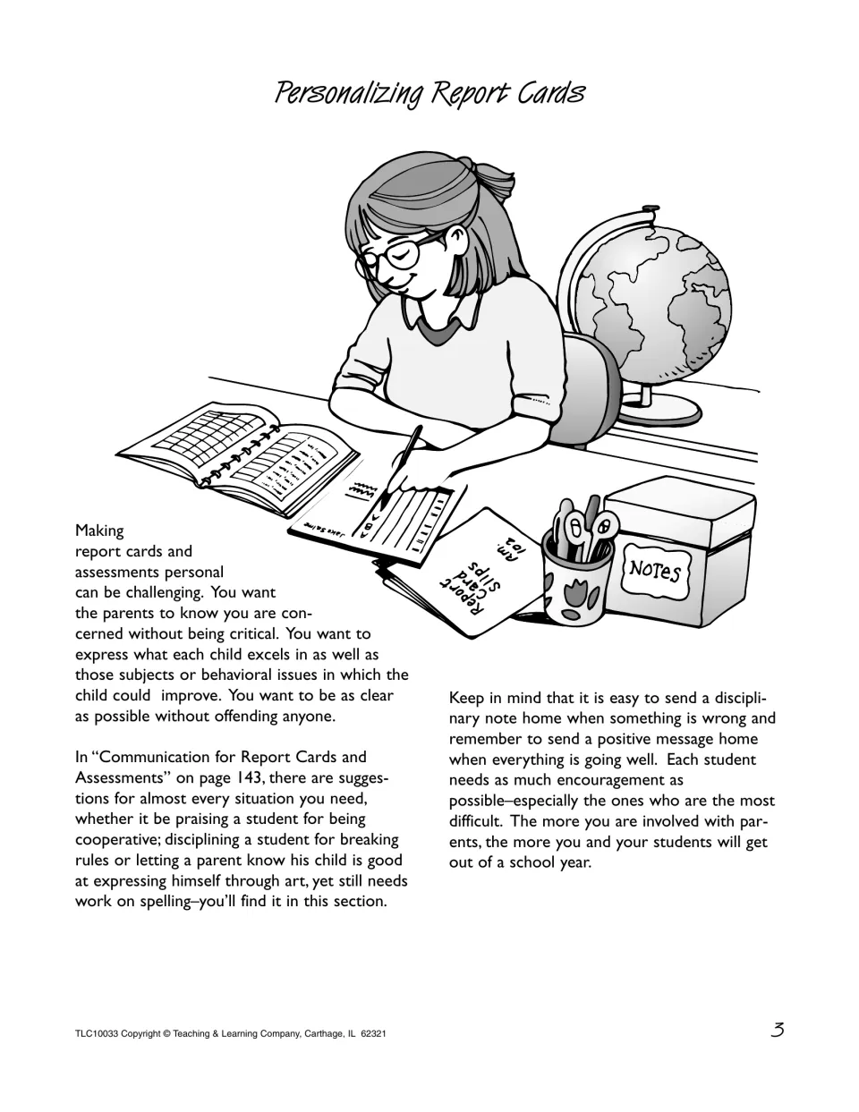 Personalizing Report Cards: advice on caring, clear comments for parents, citing the report card section on page 143