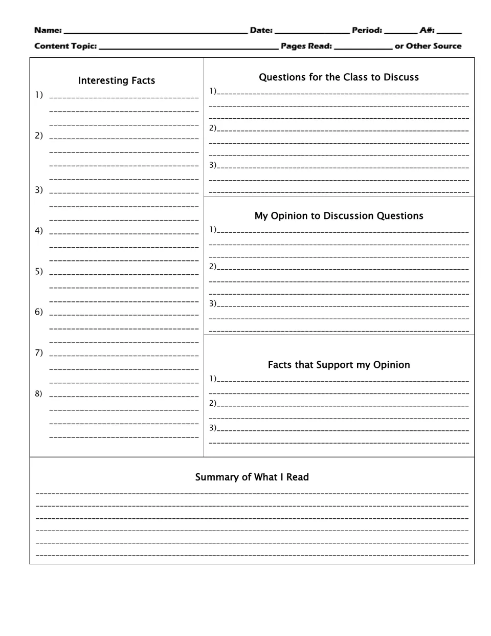 Reading notes: students list 8 interesting facts, write 3 discussion questions, opinions, supporting facts and a summary