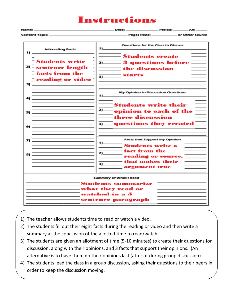Instructions: annotated sample sheet plus 4 steps for reading or video notes, opinion writing and a student-led discussion