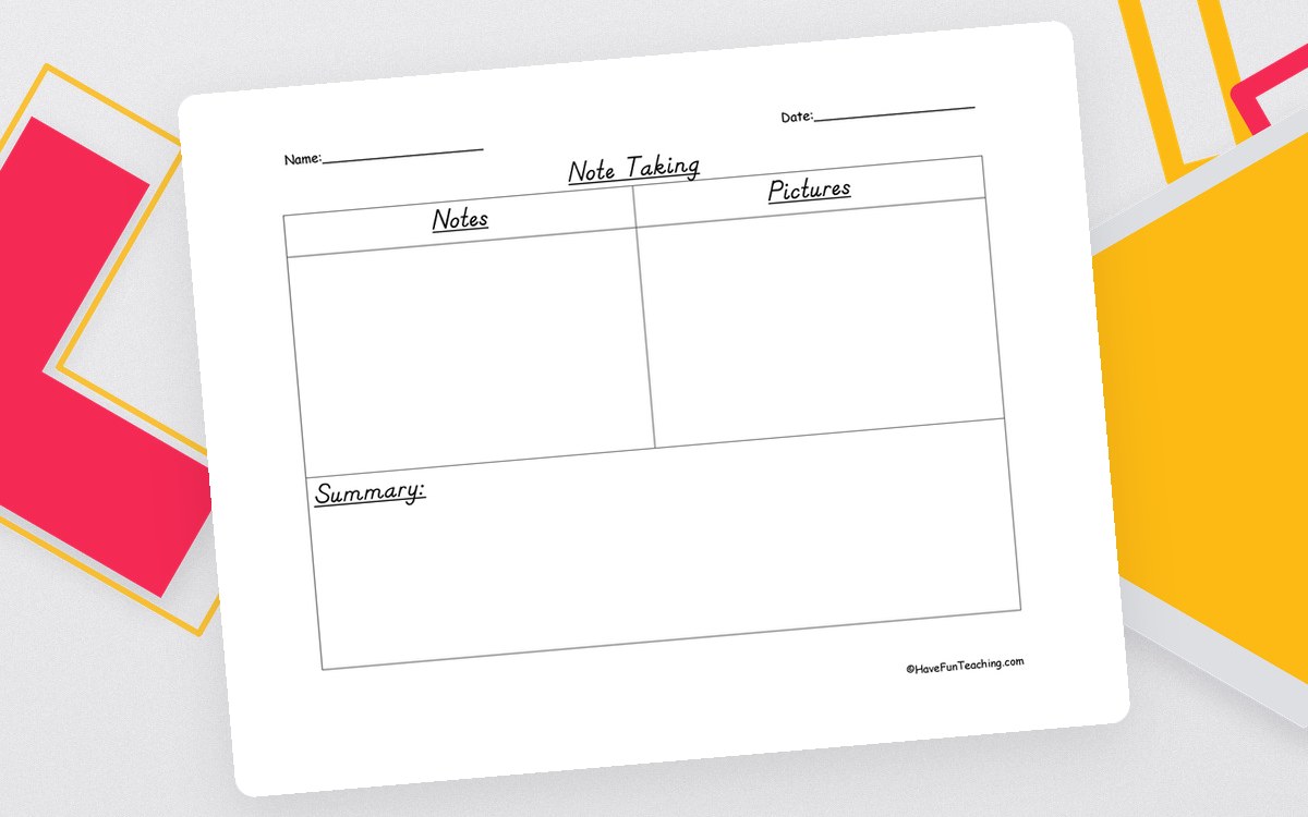 Note Taking and Summarizing Graphic Organizer preview: Large Notes section for written information