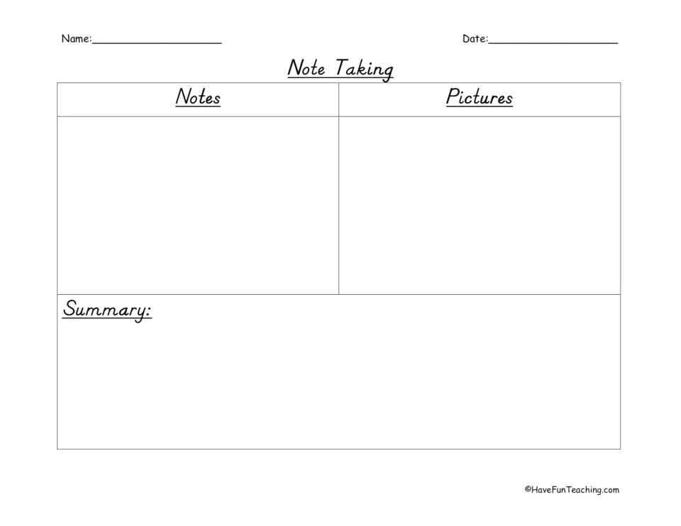 Note Taking organizer: students record notes, sketch matching pictures, then write a summary of what they read or heard