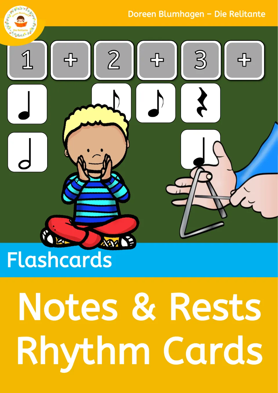 Notes & Rests Rhythm Cards cover: flashcards showing beat counts 1 + 2 + 3 +, notes and a rest, with a child and triangle