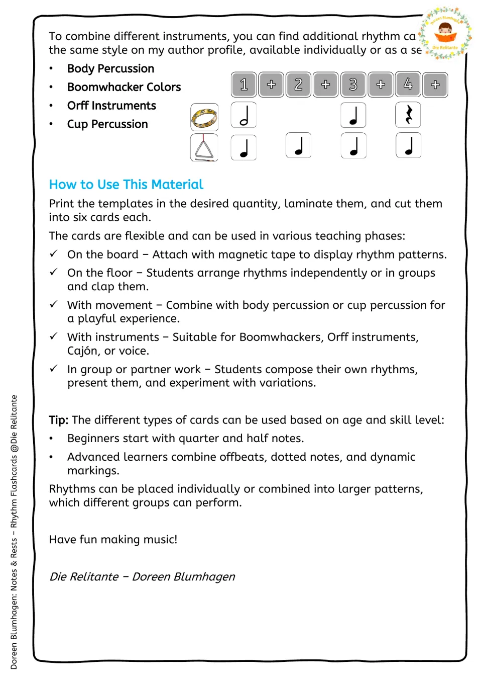 How to use the material: print, laminate and cut cards, then arrange rhythms on the board or floor to clap and play