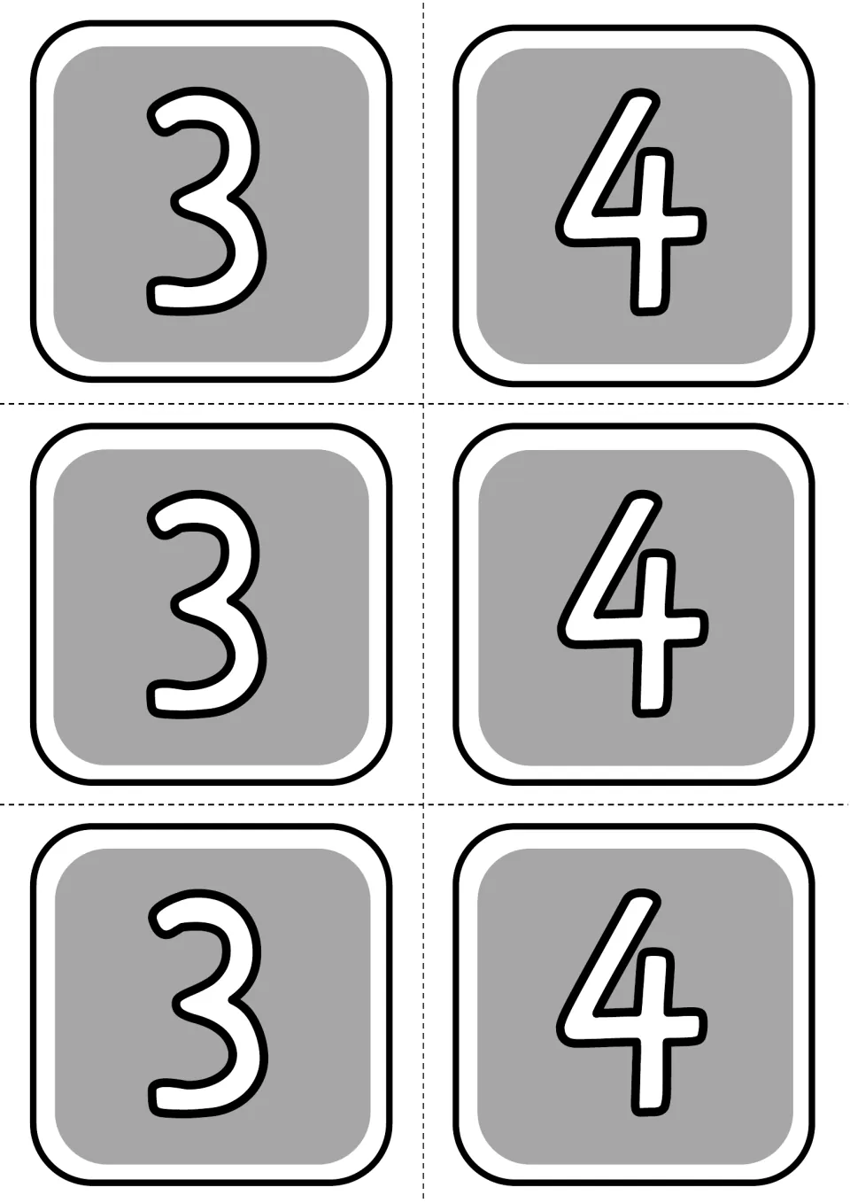 Beat-counting cards: three '3' cards and three '4' cards to cut out and pair with the 1 and 2 cards to count a full bar