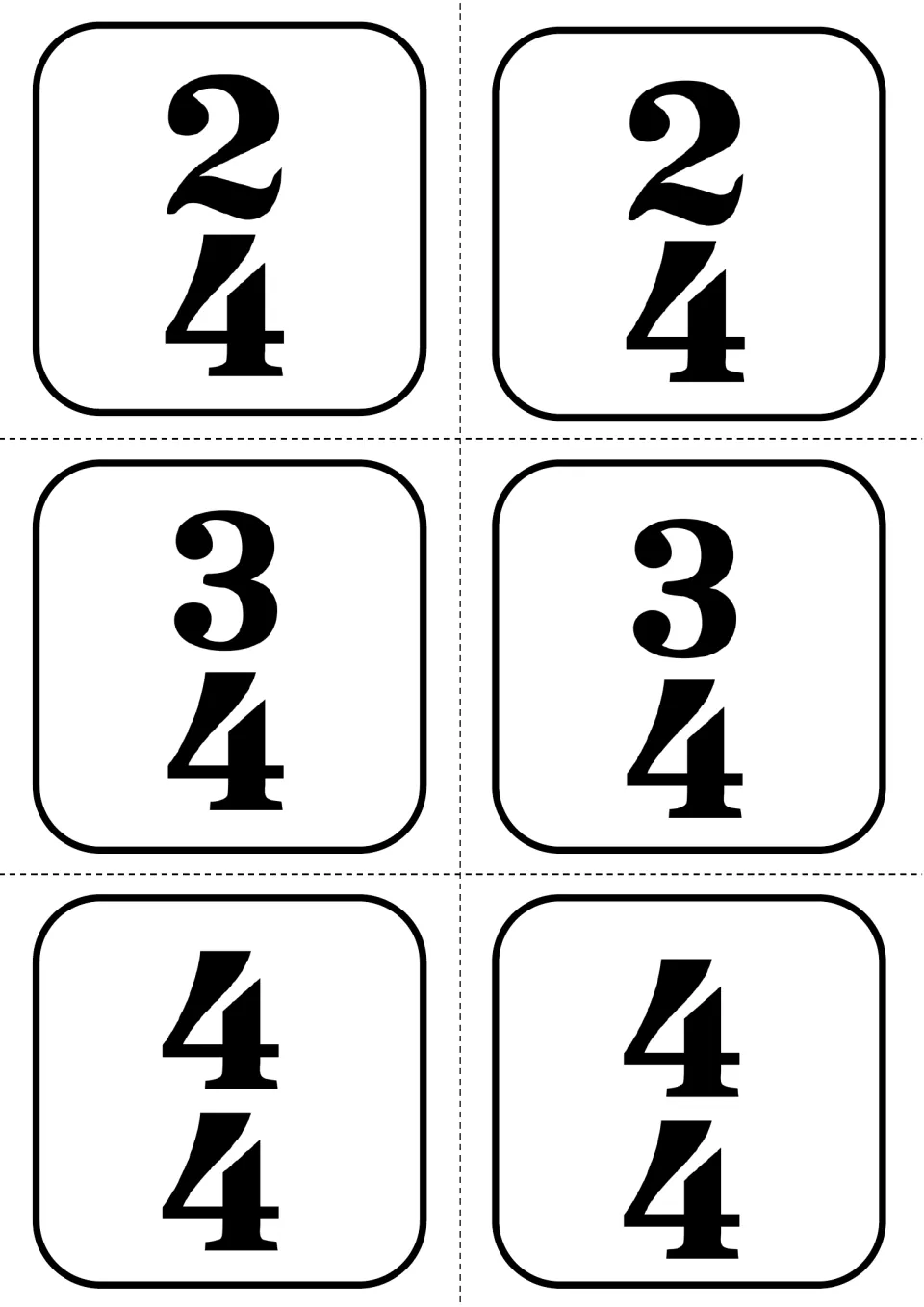 Time signature cards: two each of 2/4, 3/4 and 4/4 to cut out and place at the start of a rhythm to set beats per bar