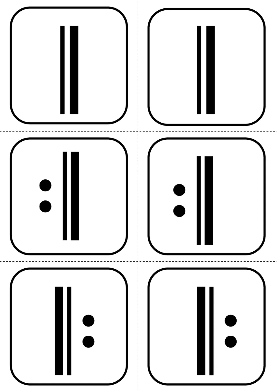 Cut-out cards for ending or looping a rhythm: final barlines, start-repeat and end-repeat signs, two of each