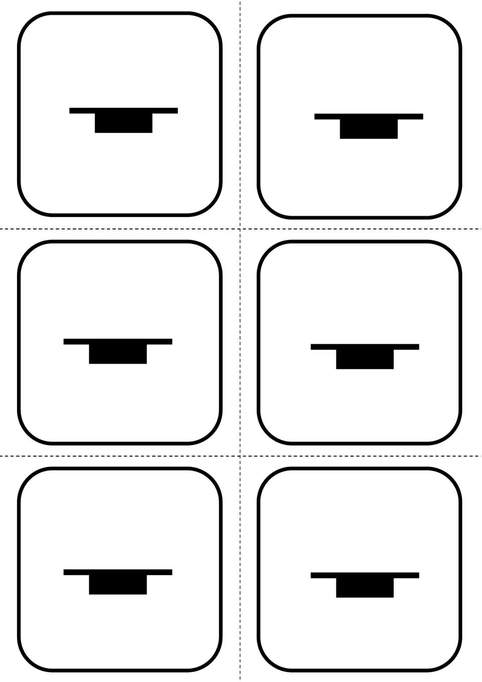 Whole rest cards: six cards each showing a whole rest hanging below a line, cut out to add four beats of silence