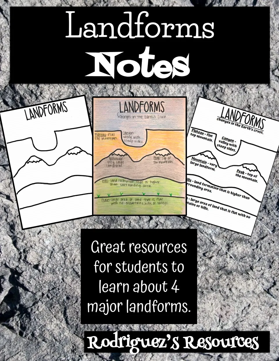 Landforms Notes cover showing blank, colored and typed diagrams of plateau, canyon, mountain, hills and plain