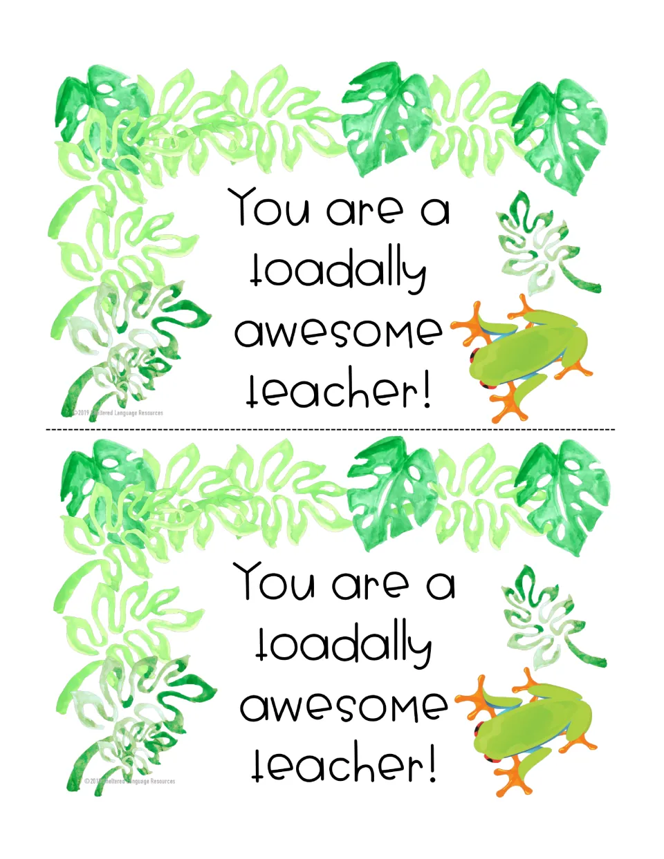 Teacher appreciation notes: two copies of “You are a toadally awesome teacher!” printed as half-page notes.