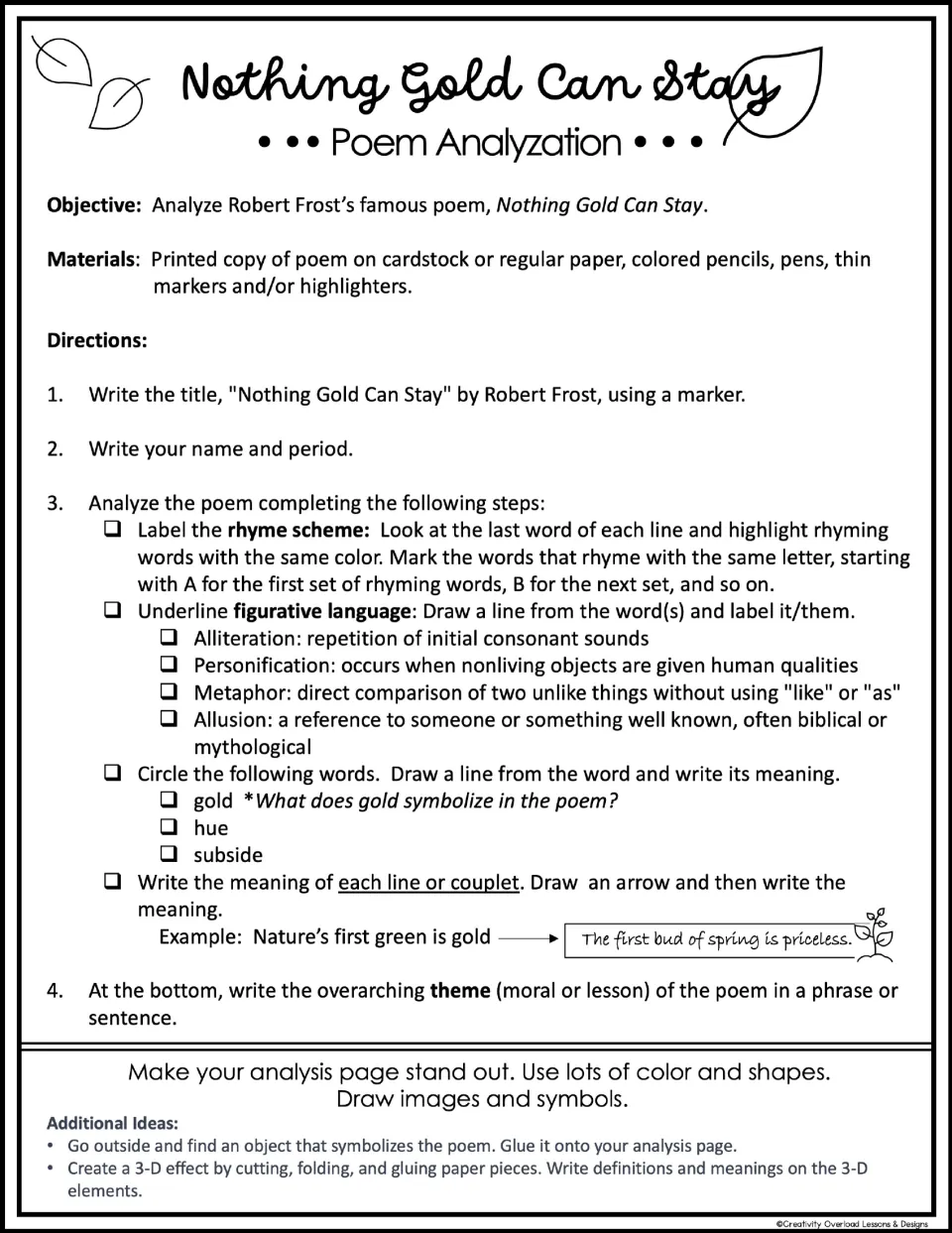 Frost poem analysis directions: students label rhyme scheme, figurative language, word meanings, line meanings and theme