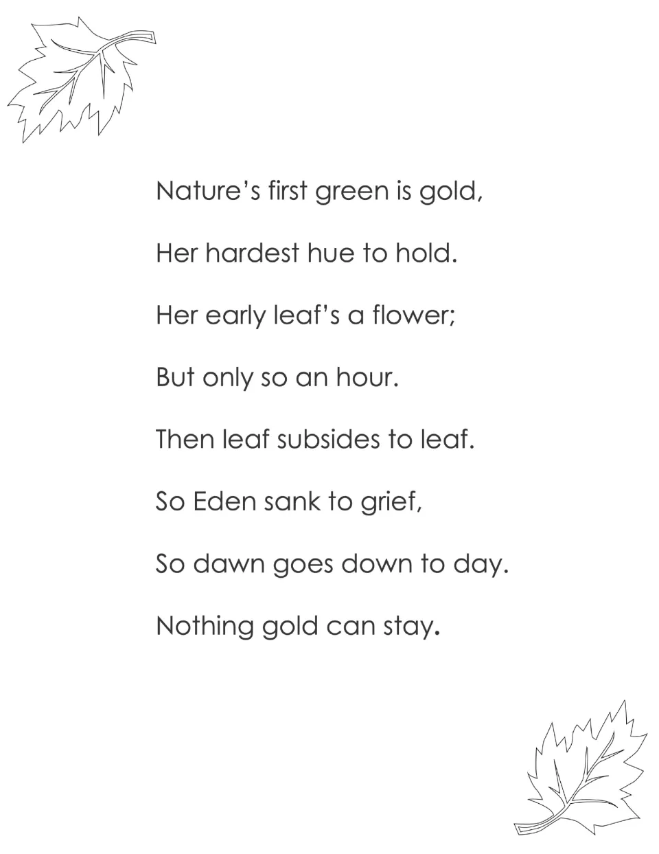 Frost poem template with leaf drawings in two corners, all eight lines printed for marking rhyme and figurative language