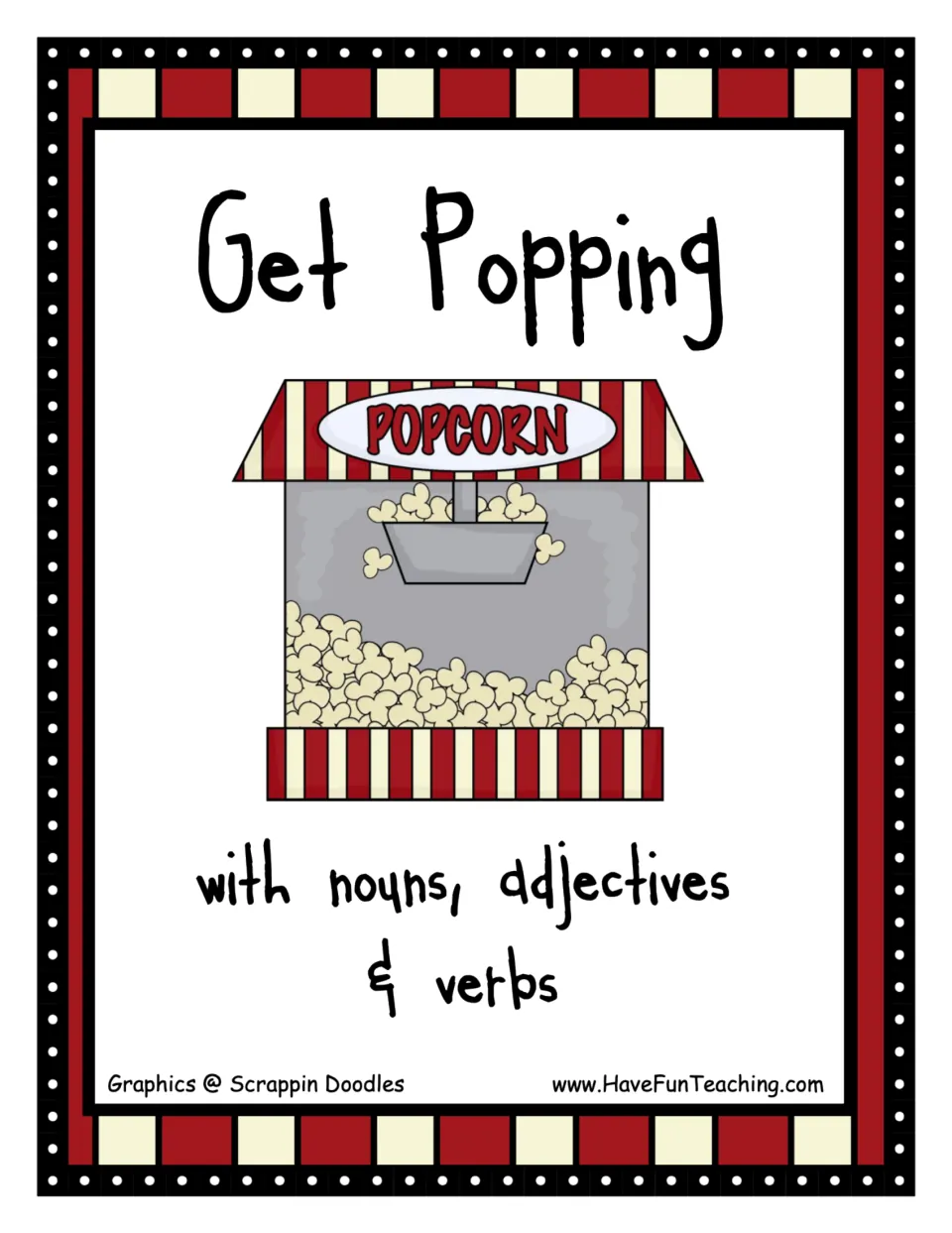 Cover of the parts-of-speech activity titled 'Get Popping' with the words 'with nouns, adjectives & verbs'