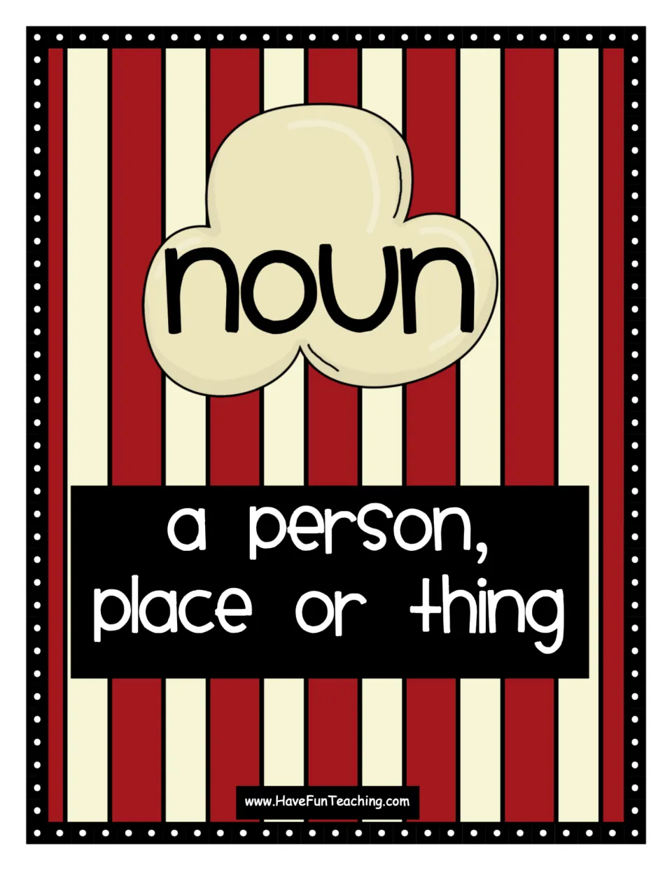 Noun definition poster for the popcorn parts-of-speech activity, defining a noun as 'a person, place or thing'