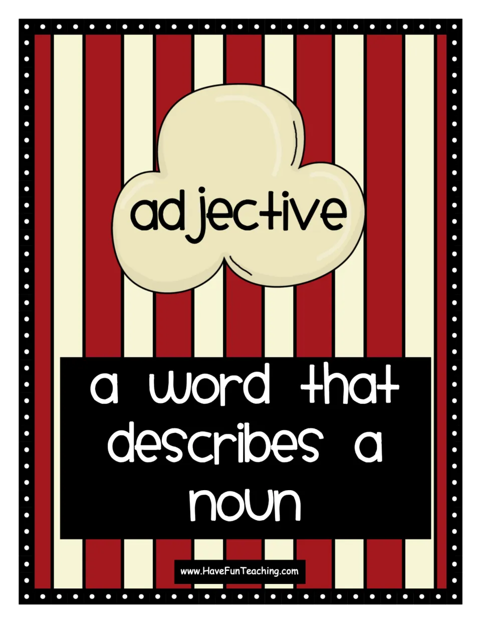 Adjective definition poster for the parts-of-speech activity: an adjective is 'a word that describes a noun'