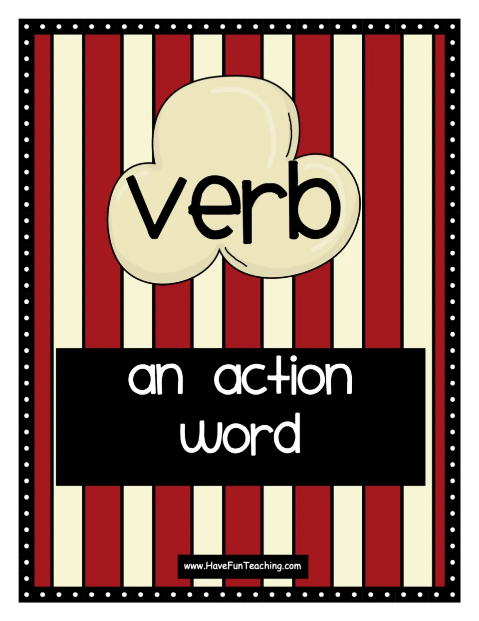Verb definition poster for the popcorn parts-of-speech activity, defining a verb as 'an action word'