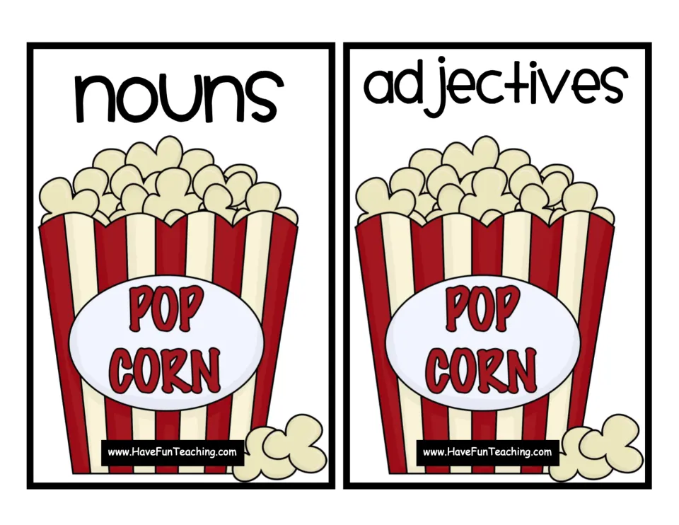 Category cards labeled 'nouns' and 'adjectives,' the first two of three in the popcorn parts-of-speech activity