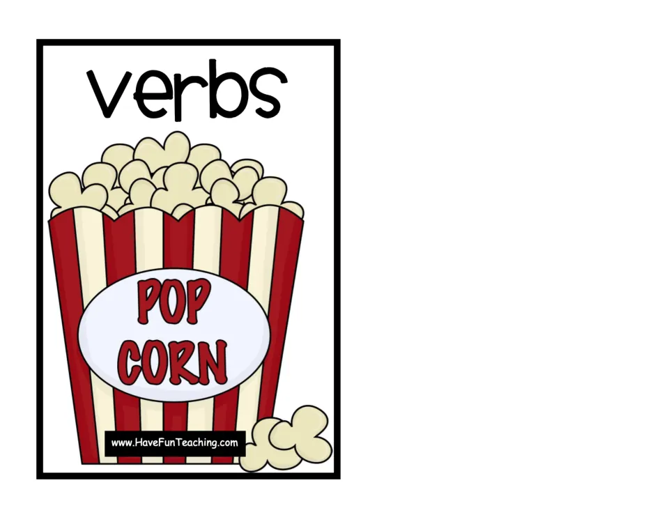 Category card labeled 'verbs,' the third of three category cards in the popcorn parts-of-speech activity