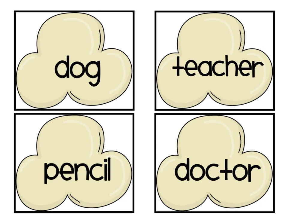 Popcorn word cards 1–4 of the 16-card parts-of-speech set, featuring the nouns dog, teacher, pencil, and doctor